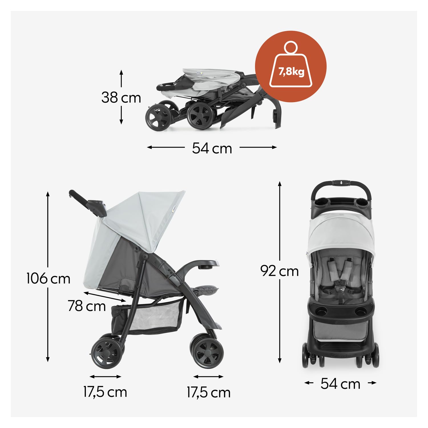 hauck Shopper Neo II, Grey - Kinderbuggy mit Liegeposition ab Geburt bis 22 kg, 2x Tablett mit Getränkehalter, Einhändig Klein Zusammenklappbar, Tasche im Verdeck, XL Korb