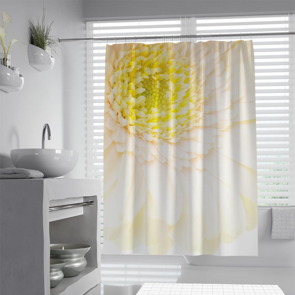 UIRINGART Pale Yellow Chrysanthemum Shower Curtain W120xL180cm Fresh Cream Dahlia Floral Petals Waterproof Anti Mould Bathtub Screen with Hooks
