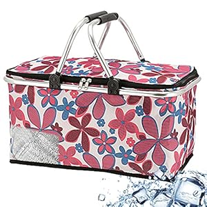 Boodschappenmand, opvouwbaar, met thermische functie, 30 liter, koeltas, thermomand, picknickmand, isoleertas (bloem roze met thermische functie)