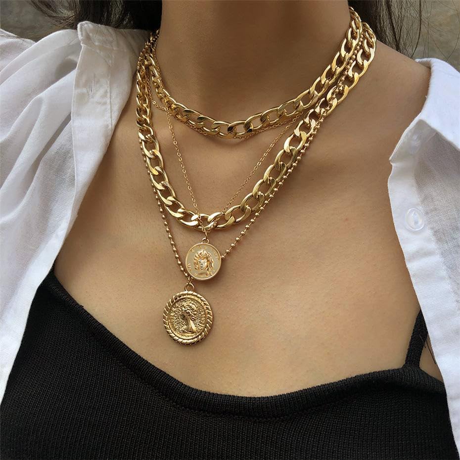 Layered Necklace for Women-Trendy Retro Portrait Coin Pendant Choker Necklace Dainty Chunky Chain Choker Necklaces - Image 5