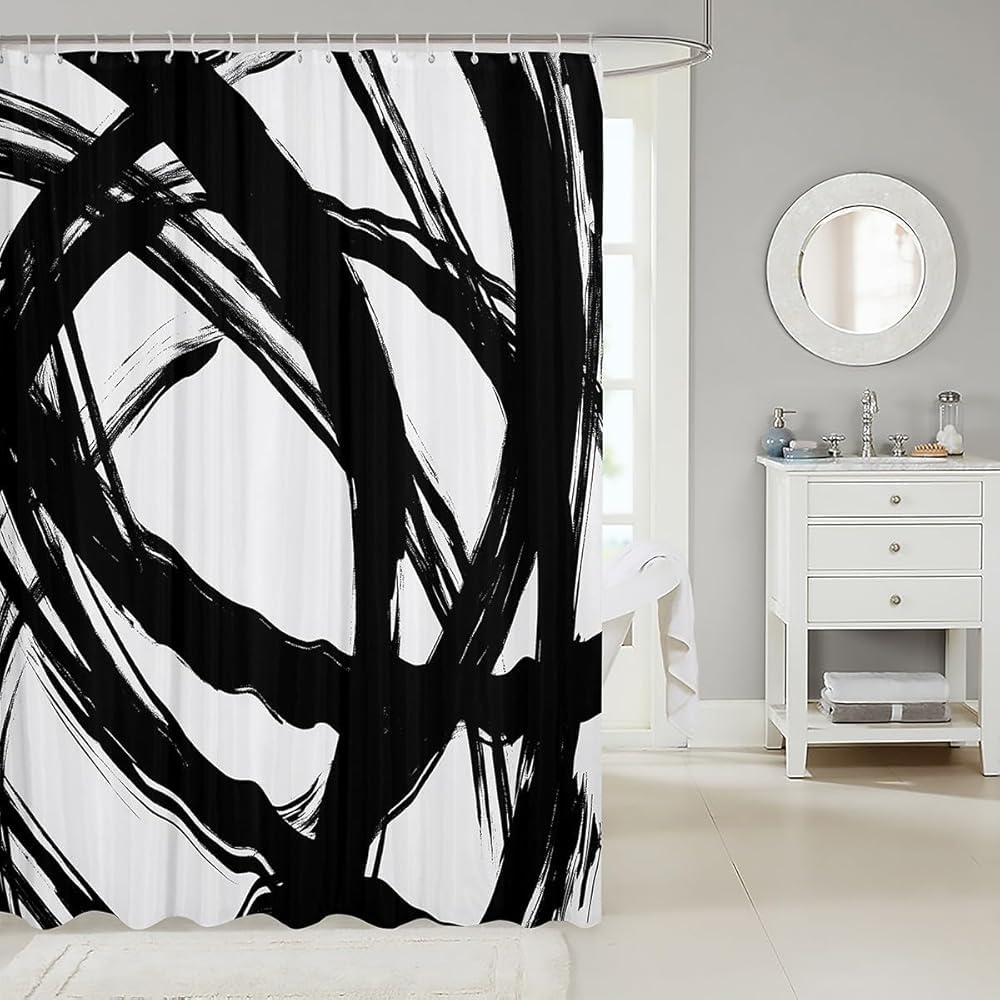 Schwarz-weißer Duschvorhang – Moderner Abstrakter Badezimmervorhang in Schwarz-Weiß, minimalistische Graffiti-Linienkunst 180x200cm/71x79in(WxH)