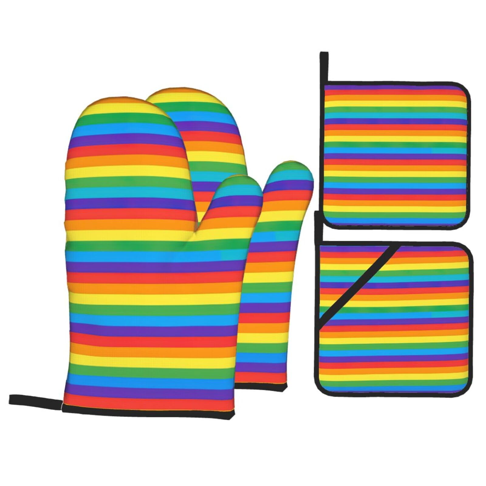 Rainbow Pattern Print 4-Piece Heat-Resistant Oven Waterproof Kitchen Gloves Cooking Roasting Essential
