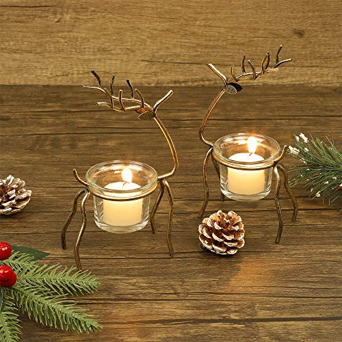 GUOOU 6 Pack Metal Reindeer Tea Light Candle Holders, Glass Votive Candle Holders, Christmas Metal Candle Holder, Christmas Table Decorations for Home