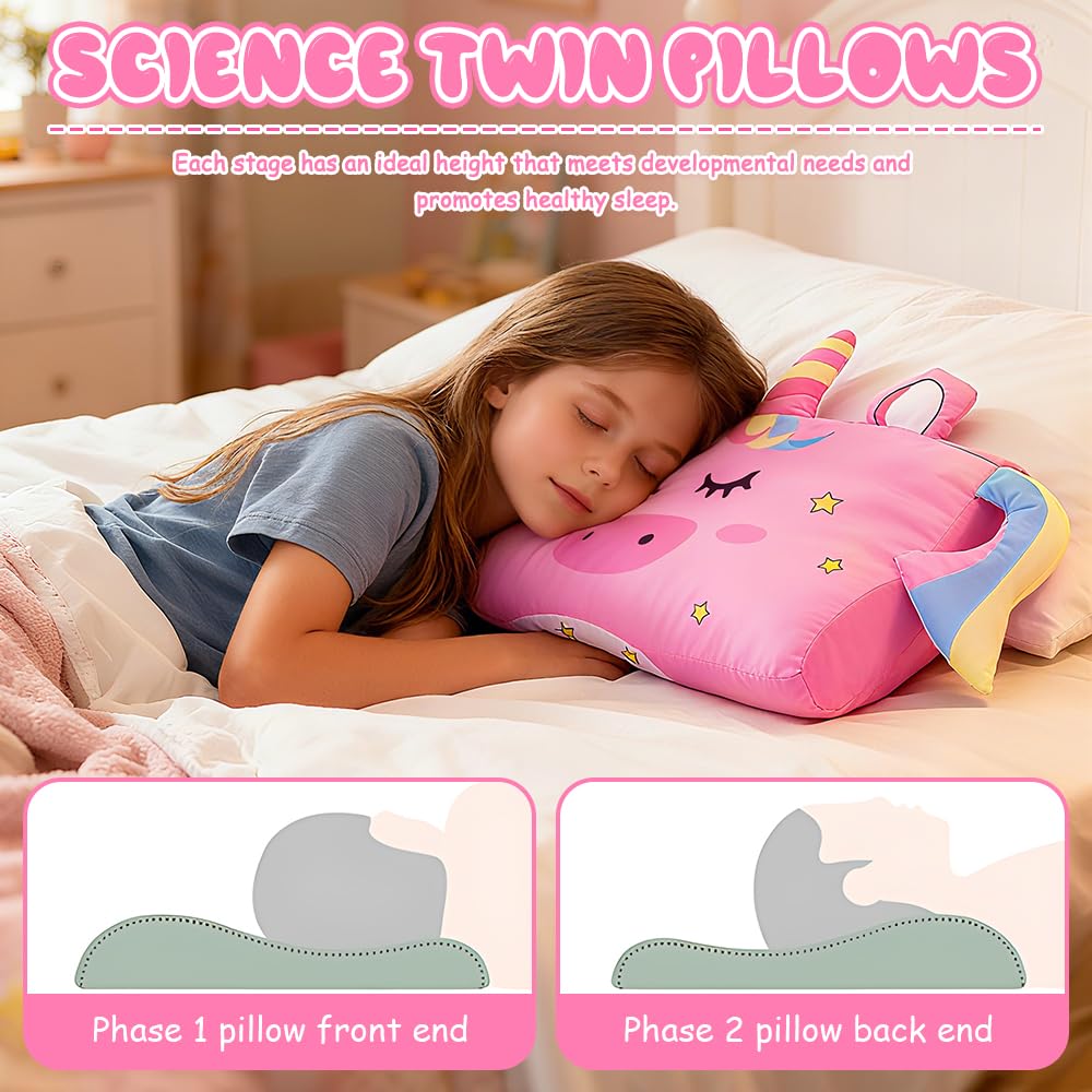 Schlummerkids Cojín, Genérico Kids Pillow, Almohada Schlummerkids, 45 * 27 * 6 cm Almohada para Niños, Diseño Ergonómico, Transpirable, con Animales Lindos(Unicornio)