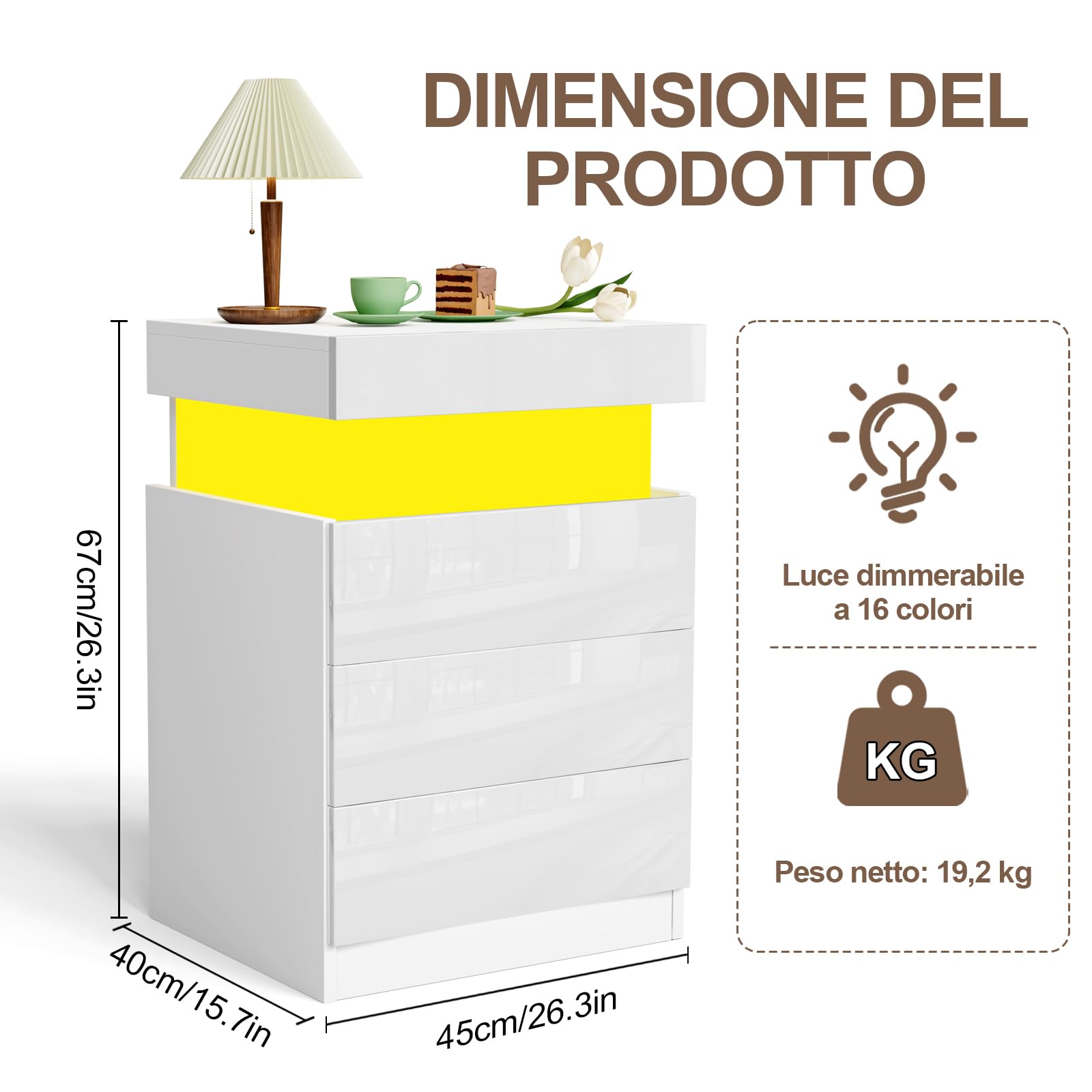 Comodino Camera da Letto con LED, Comodini con Stazione di Ricarica, 2 Prese AC 2 Porte USB, 3 Cassetti e Armadietti Scorrevoli Nascosti, Per Arredamento Camera da Letto. (Bianco, 67x40x45 cm)