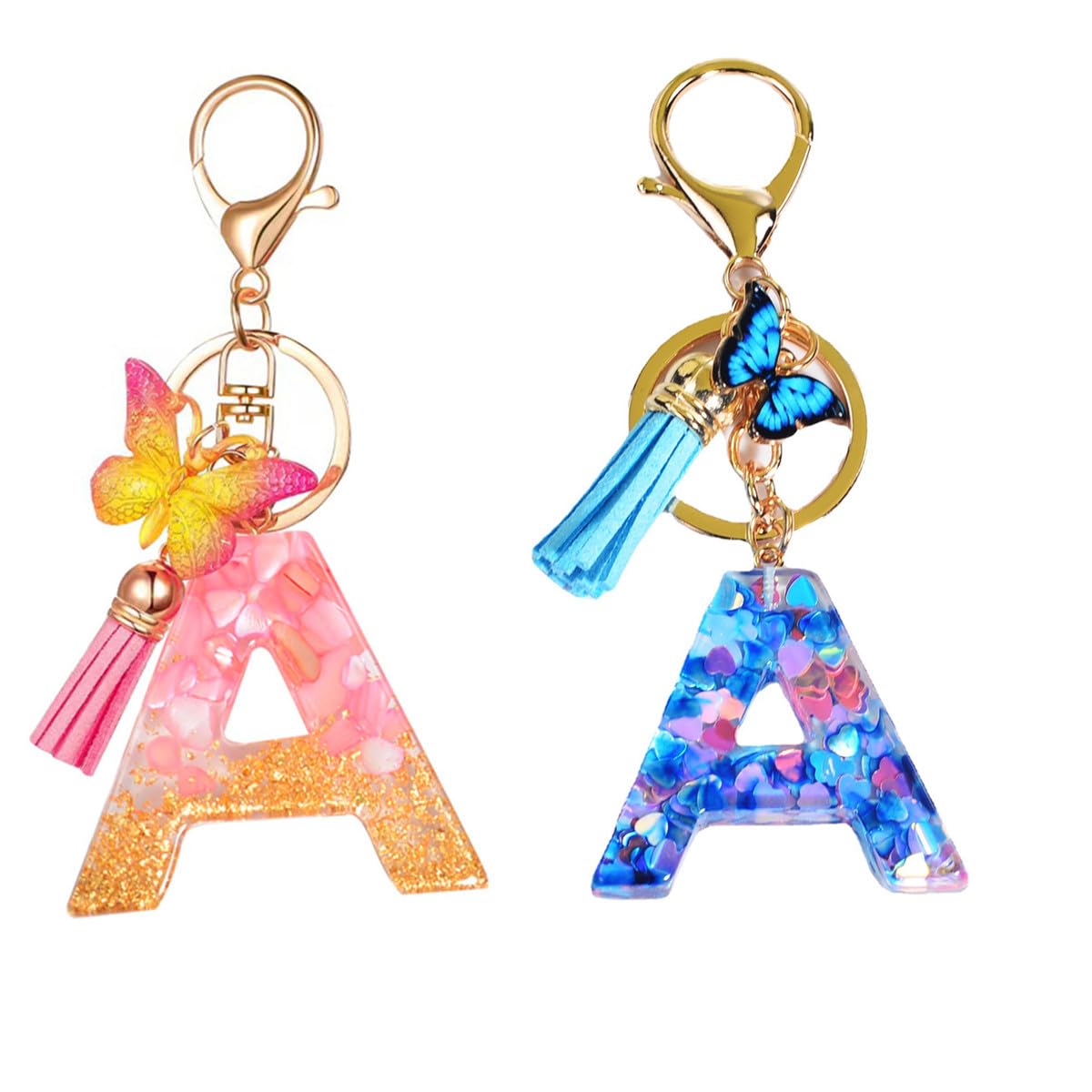 Portachiavi Con Lettera Iniziale In Resina E Paillettes - Ciondolo A Cuore Con Nappe - Personalizzato