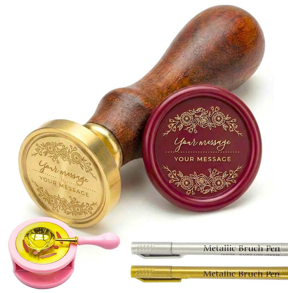 Personalised Wax Seal Stamp - Custom Sealing Wax Stamp with Your Logo, Initials or Family Crest - Premium Brass Head & Wooden Handle for Wedding Invitations, Envelopes & Crafts (Pattern Design 4)