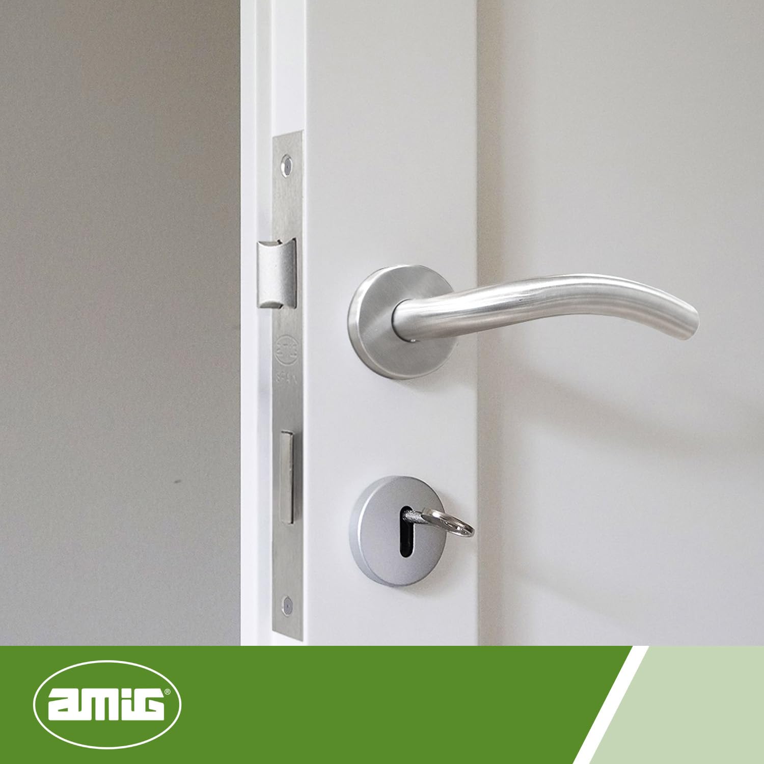 Amig - Serratura da infilare | Ingresso 60/68 mm | Serratura per Porte in Legno | Con la chiave Gorja sul bordo quadrato | Chiave vuota | Acciaio inossidabile opaco