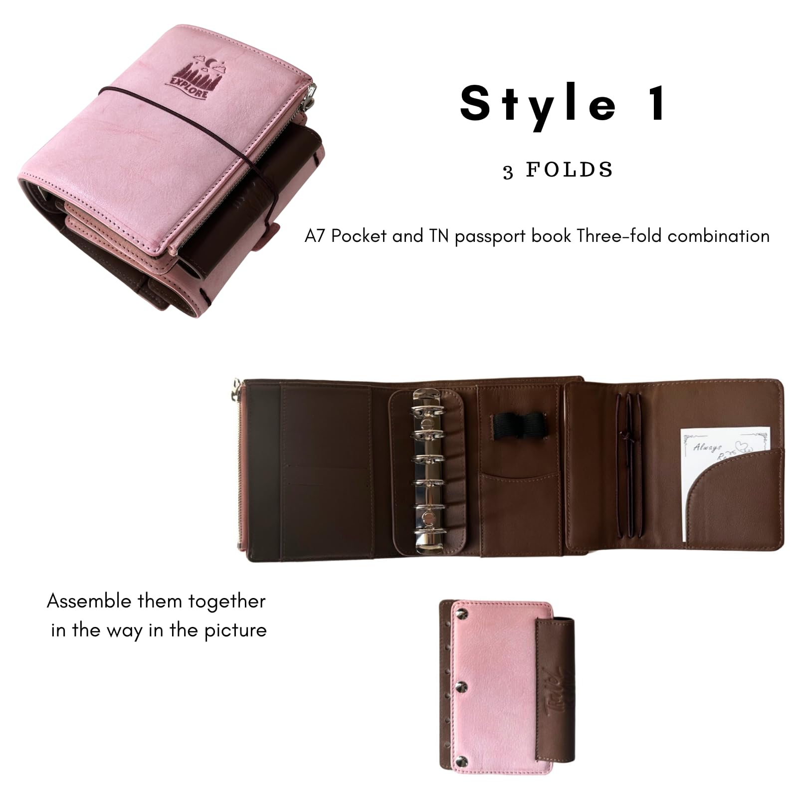 Terminplaner im Taschenformat, A7, echtes italienisches Alaska-Leder, nachfüllbar, Stalogie-Ring-Planer, 3-fach gefalteter Stil mit 25 mm Ringbuch, TN-Passport-kompatibel (rosa Wachs)