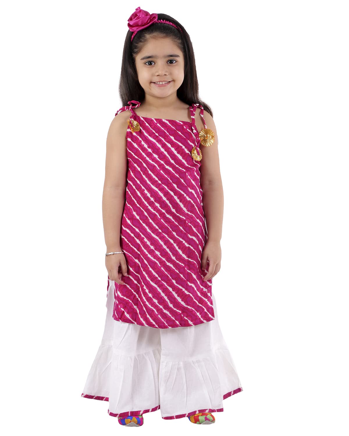 Cotton Leheriya Print Sleeveless Kurti Sharara Set For Girls