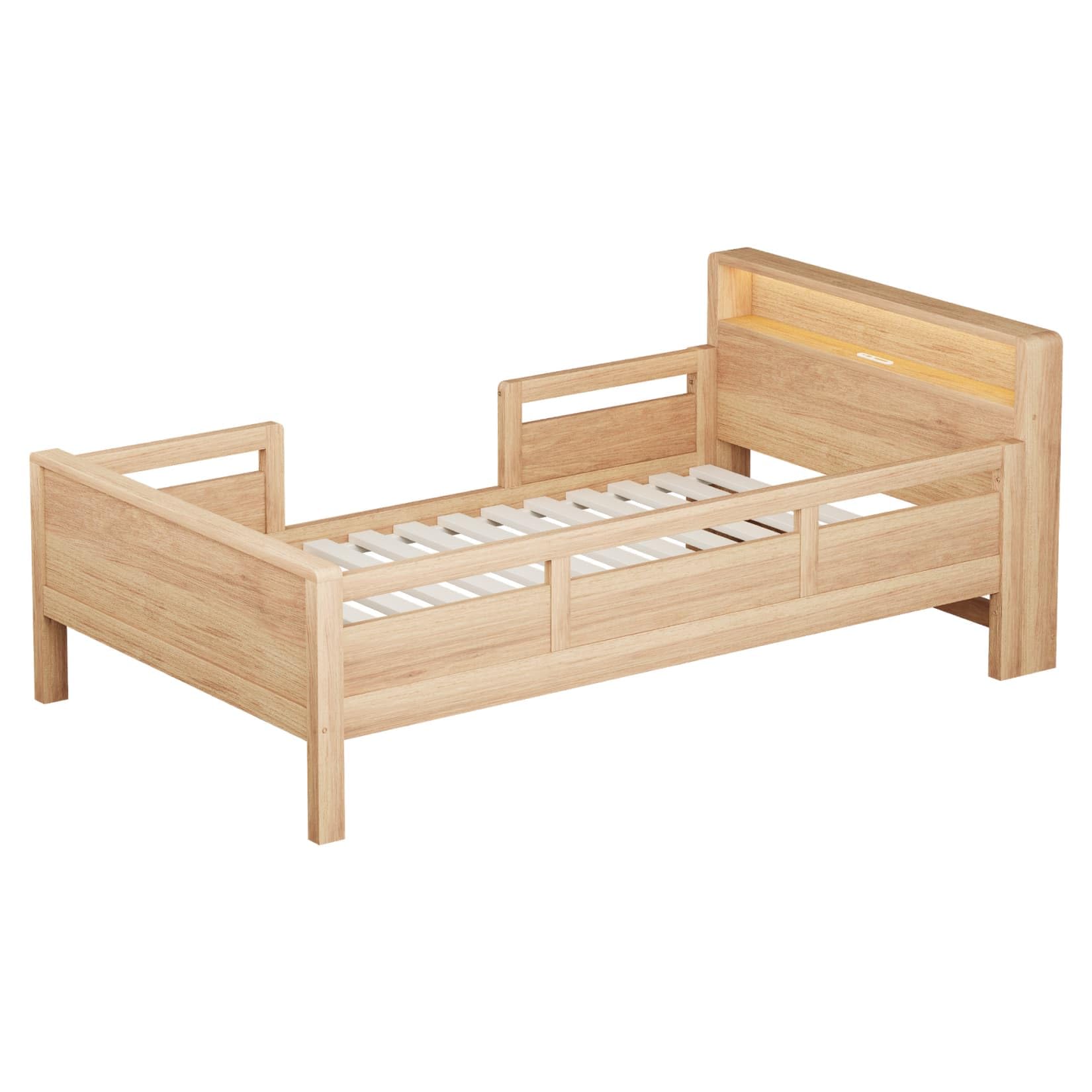 Lit Enfant 90x200 en Pin,Cadre de Lit 1 Personne avec Port USB-C,Éclairage LED,Tête de lit de Rangement,pour Enfants Adolescents (Couleur Bois)