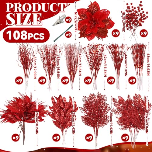 Yerliker 108 Pcs Red Glitter Christmas Picks and Sprays, 12 Styles Artificial Christmas Floral Berry Branches Flowers Stems for Xmas Tree Ornaments Wreath Garland DIY Vase Holiday Party Decor by Yerliker - Image 3