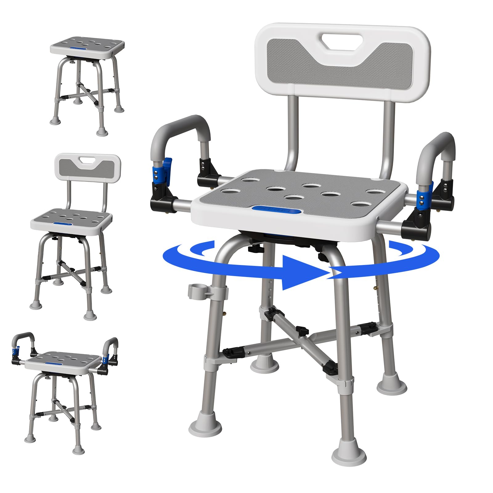 Photo 1 of 360° Swivel Shower Chair for Elderly and Disabled 400lbs Heavy Duty Bathing Transfer Stool with Armrests & Backrest Adjustable Height Bath Chair for Inside Shower Standard Bathrooms & Bathtubs Gray