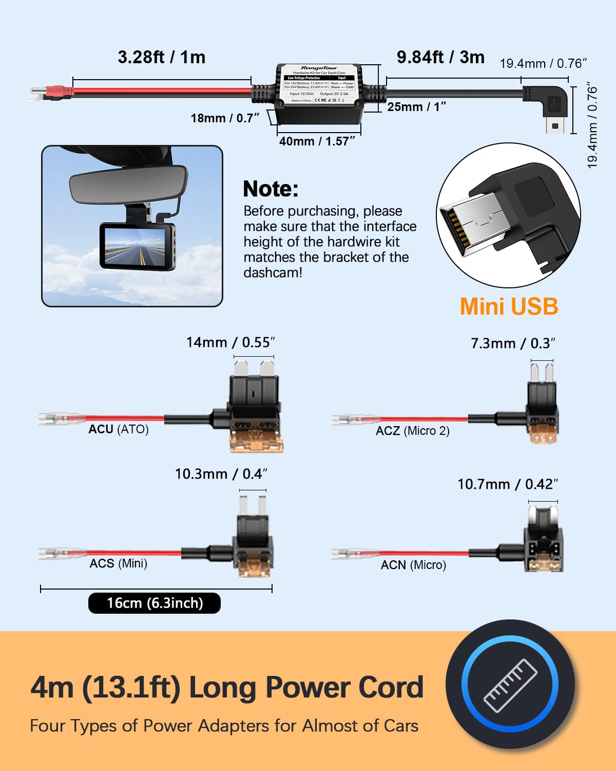 Dash Cam Hardwire Kit, Hard Wiring Kit for Car Cam with Mini USB Port 4m Car Charger Power Cord 12V/24V to 5V Charger Cable with 4 Power Fuses Tap Adapters for Dashcam GPS etc