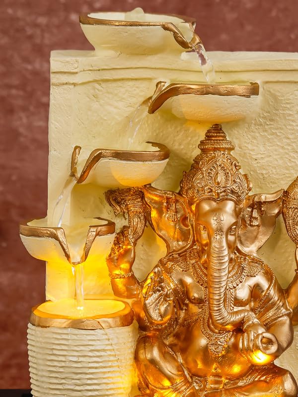 Image of Polyresin White Golden Ganesha Idol Tabletop Indoor 4 Diya Steps Water Fountain for Home Decor with Yellow LED Light & Speed Controller Pump (Size: 39 x 29.5 x 22CM | Weight: 2195grm)