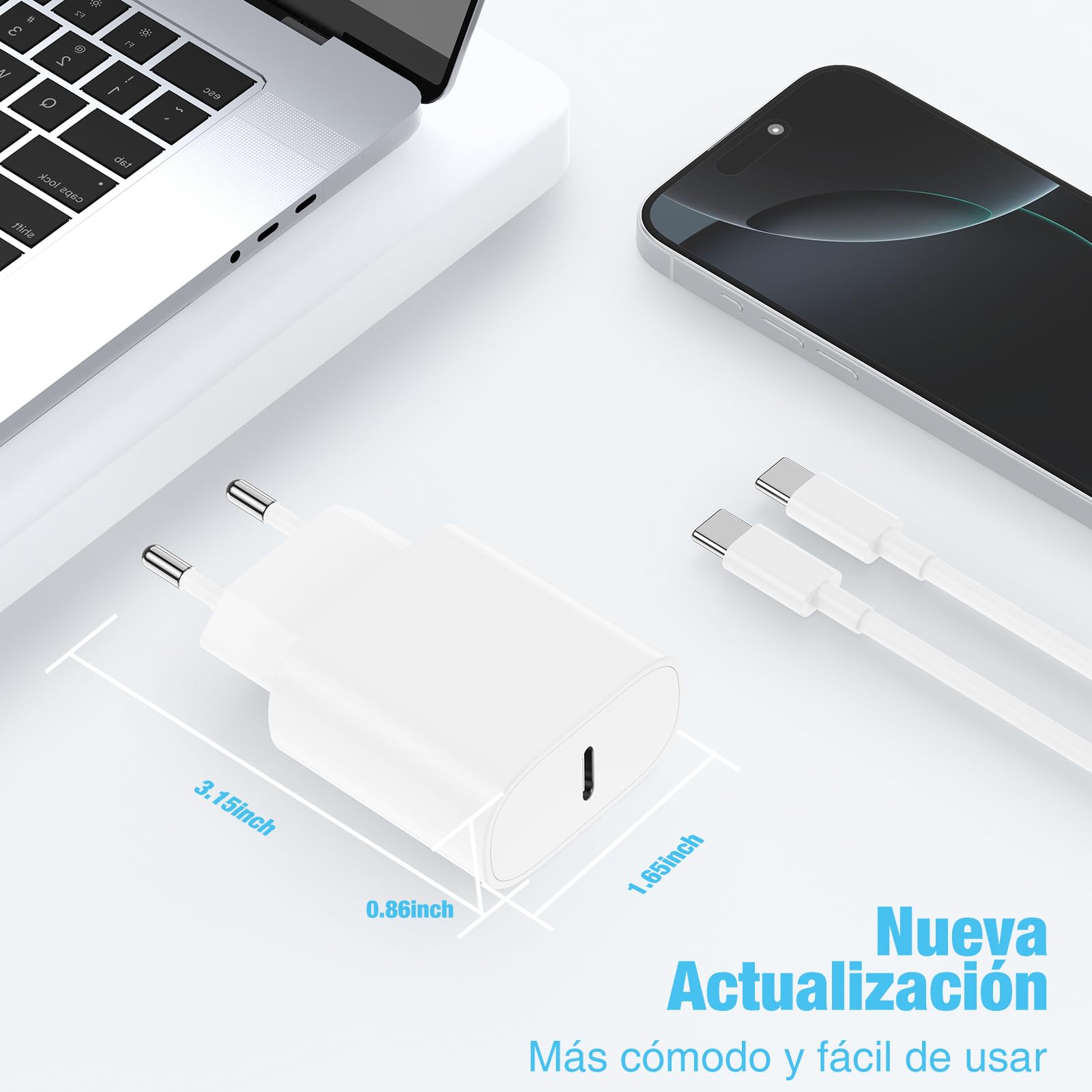Cargador Carga Rápida USB-C para iPhone 17 16 15 & Cable de Carga Rápida 2M - Adaptador de Enchufe 20W Compatible con iPhone 16e,16/15 Plus,17 Air, 17/16/15 Pro, Pro MAX, Pad — view 2