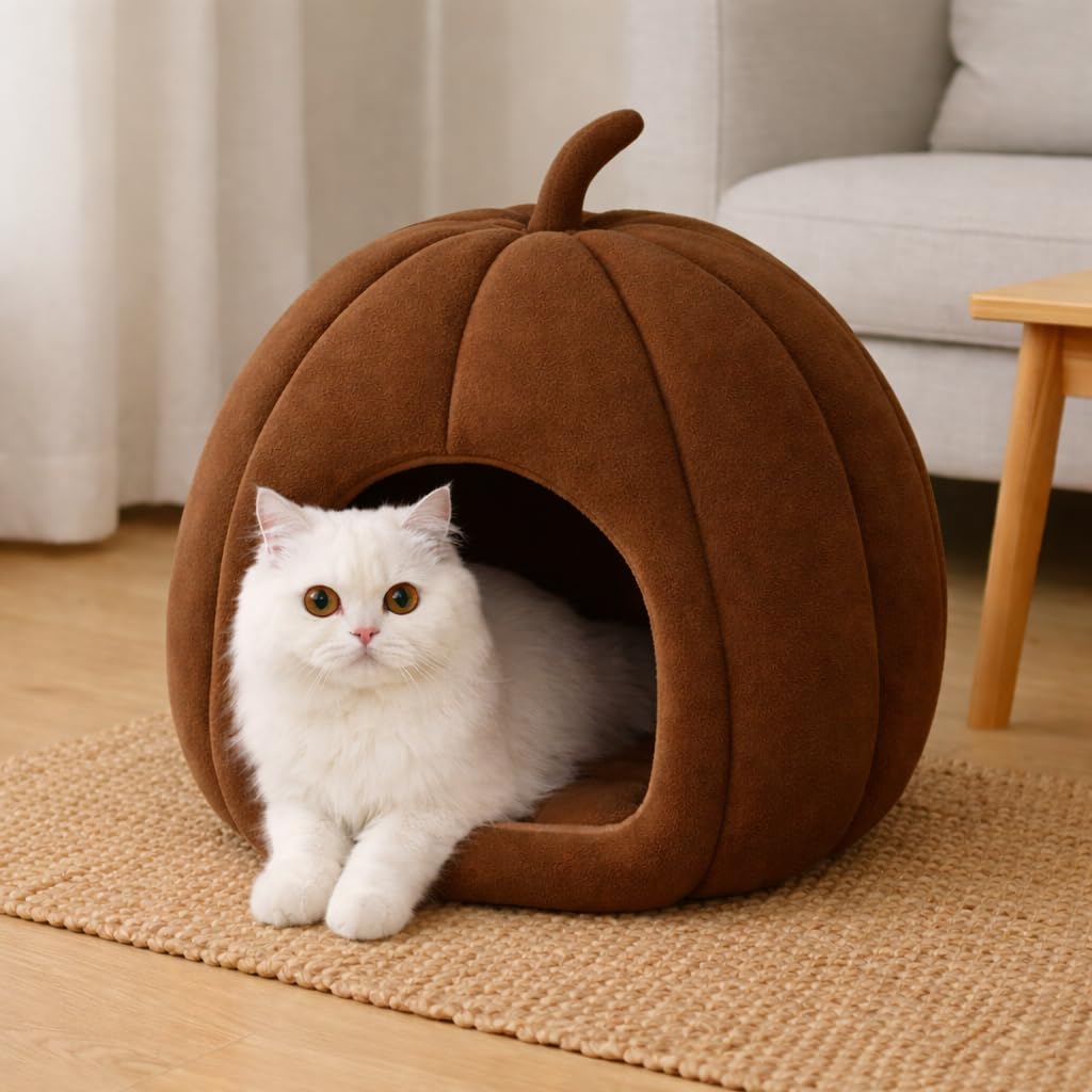 Zexsazone Summer Cat House, Portable Cat Bed with Removable Cushion, 2-in-1 Washable Cozy Puppy Bed Hut Cat Cave, Foldable Warm for Pets Puppy Kitten Rabbit (Brown, Shape - Pumpkin)-image-25