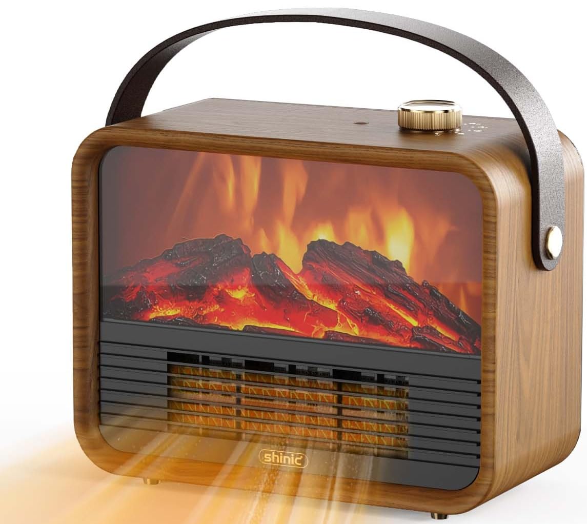 Portable Small Electric Fireplace Heater, 1500W/ 750W Space Heater Fireplace Indoor with 3D Flame, Overheat Protection, Tip-Over Safety Switch, Ideal for Living Room Bedroom Office RV, Walnut