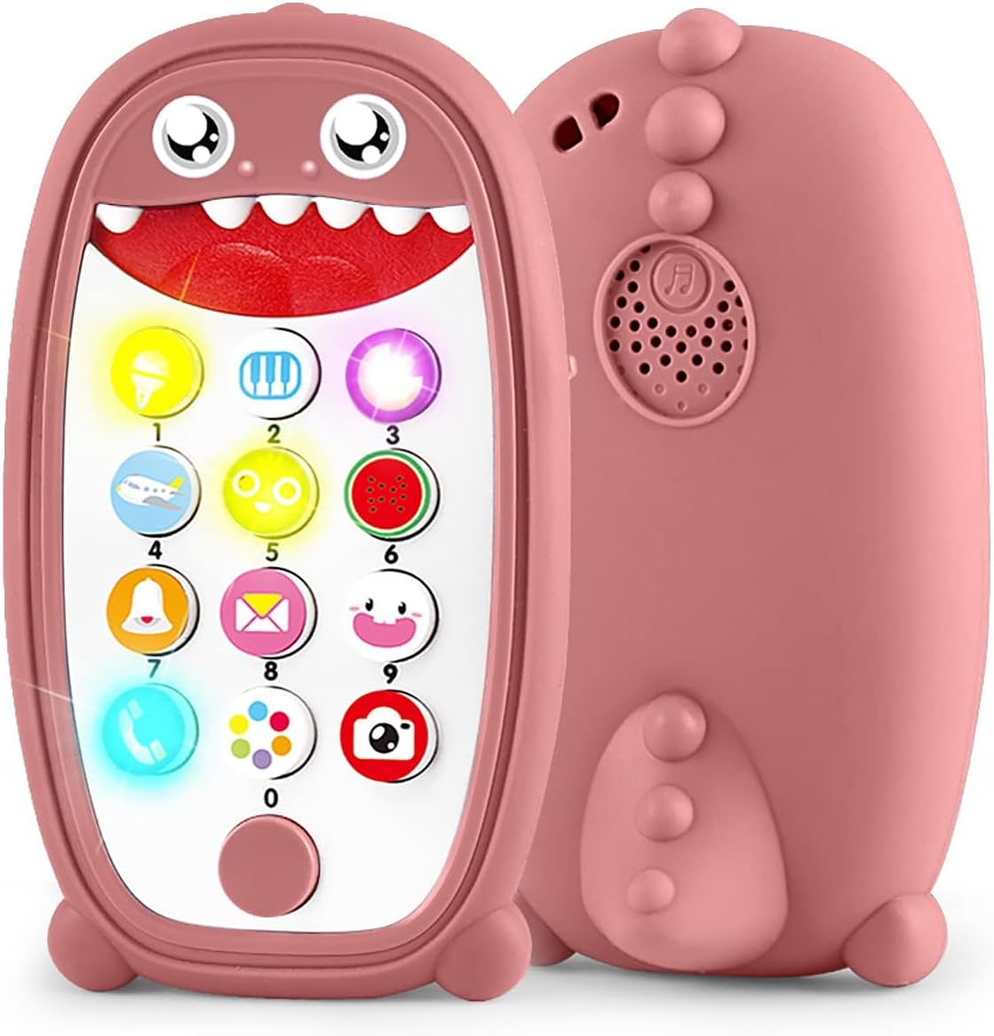 Baby Dinosaur Cell Phone Toy Removable Soft Teether Case, Lights, Music & Adjustable Volume Kids Play & Learn Pretend Phone Infant Toddler, Preschool Holiday Birthday Gift Girl Boy 18 Months (Brown)