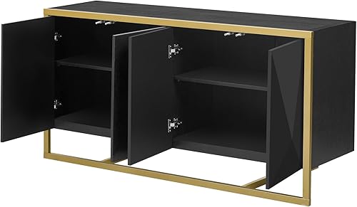 Miniatura 7 de Armario de almacenamiento de madera, aparador con puertas de cristal, gabinete de buffet con espejo de 3 puertas con mango plateado para sala de