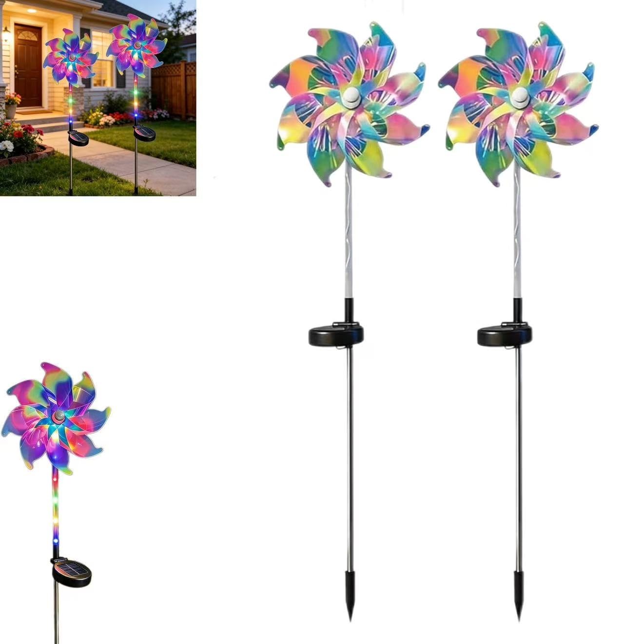 Magical Holographic Rainbow Solar Pinwheel Lights,Kinetic Wind Spinner Color Changing Lights,Color Changing LED Windmill Garden Stake, Solar Rainbow Pinwheel Garden Light,for Pathway Lawn Patio