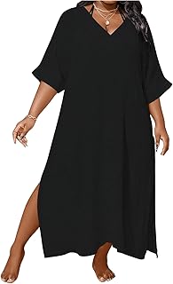 Women's Plus Size Swimwear V Neck Half Sleeve Split Side Cover Up Beach ...