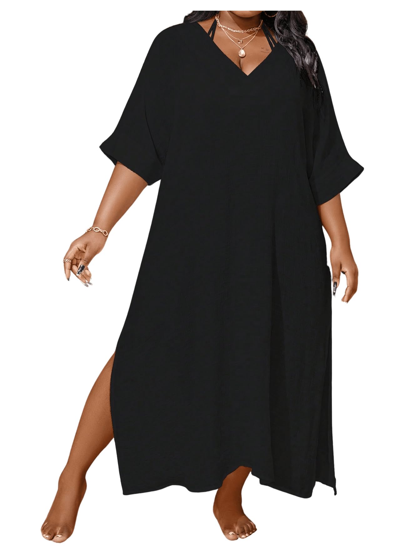 wdirara Women's Plus Size Swimwear V Neck Half Sleeve Split Side Cover Up Beach Dress-picture-15