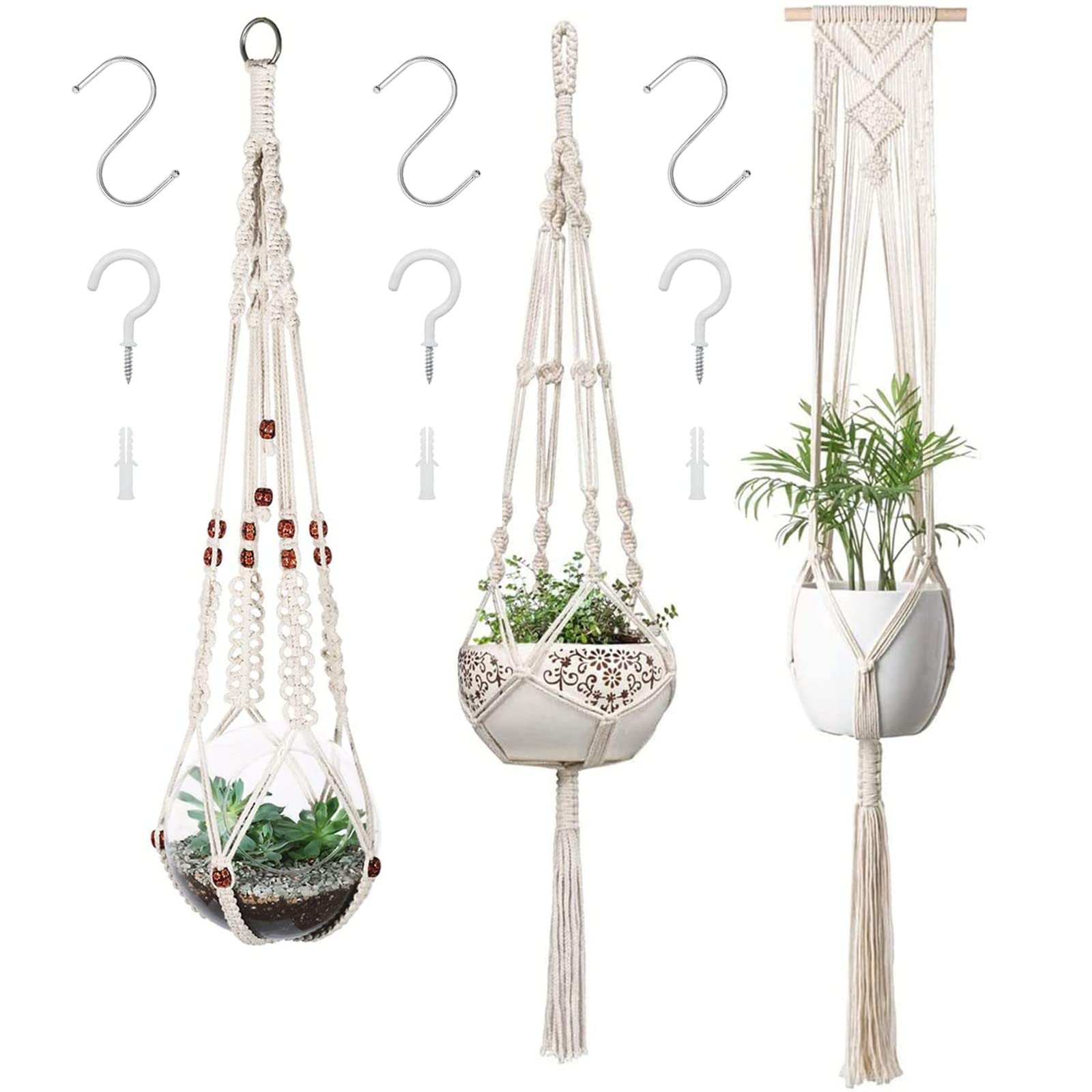 Macrame Plant Hangers Set of 3 Indoor Hanging Planter Basket Wall Decorative Flower Pot Holder with 6 Hooks, Handmade Wall Hanging Pot Planters for Herbs and Flowers Indoor Outdoor Boho Home Decor