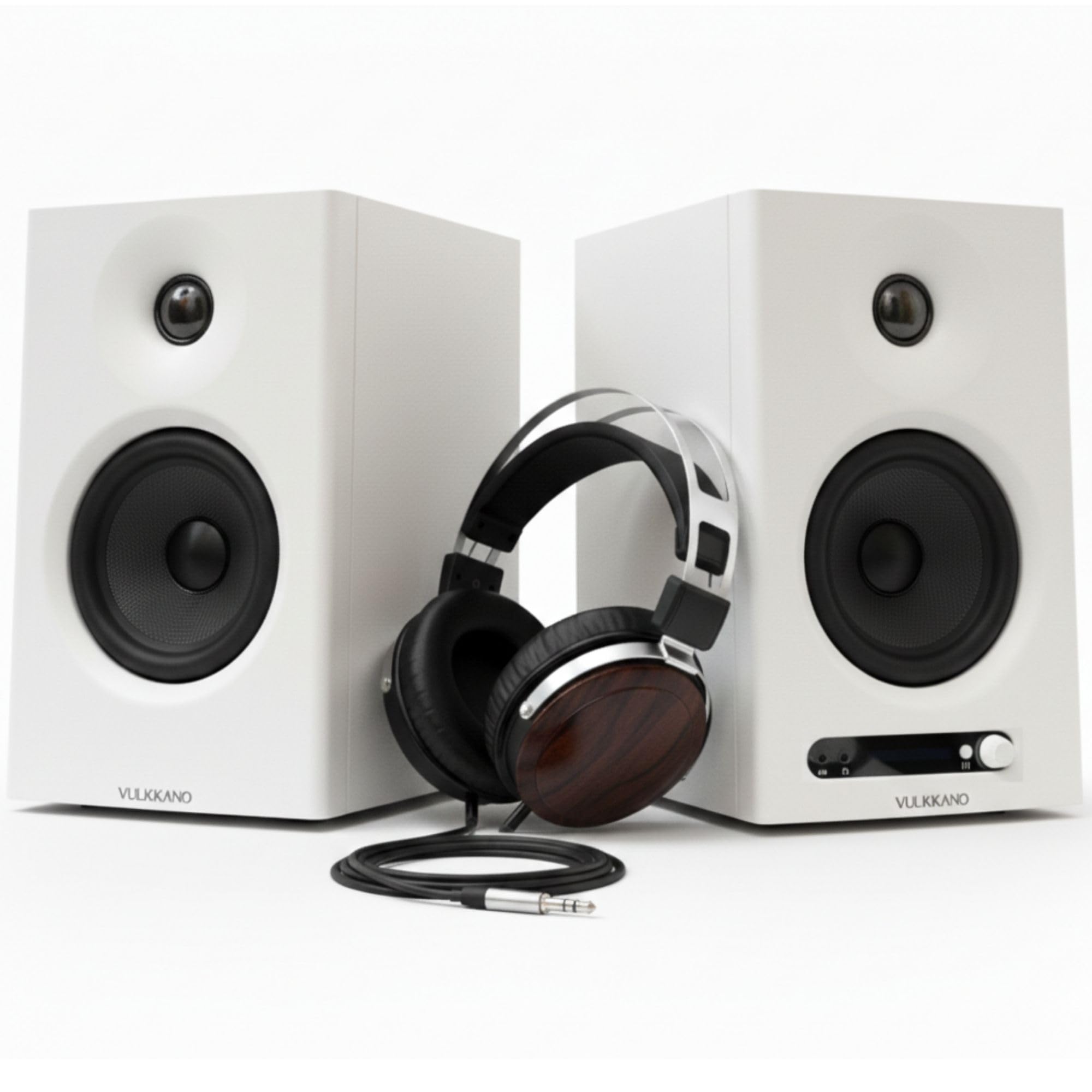 VULKKANO Pack Hi-Fi: Monitores de Estudio PRO4 con Woofer de 4” Blanco, Bluetooth,TRS y RCA + Auriculares Estudio HC20 IRATI Over-Ear con Copas de Madera, Drivers 50mm, Diseño Profesional.