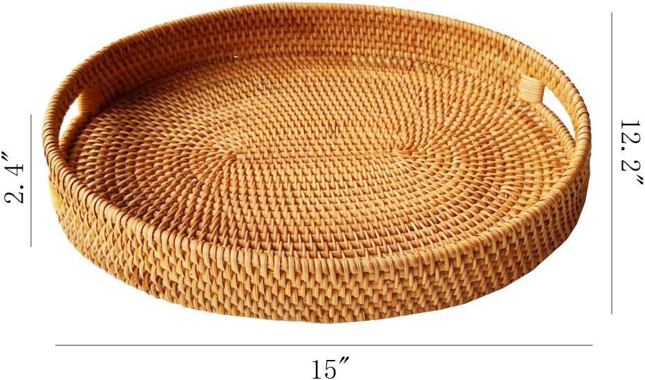 i-lan Oval Rattan X-Large Severing Tray for Fruit,Breakfast, Drinks,Food Storage Platters Plate Snack for Coffee Table, 15 Inch Woven Decorative Wicker Tray Basket with Handle and 2” Wall(XL-38cm) - Image 2