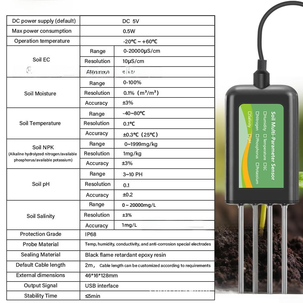 Analyseur de sol USB de mesure NPK, pH, humidité, température, salinité et conductivité, sonde en acier inoxydable IP68, surveillance des données pour application mobile