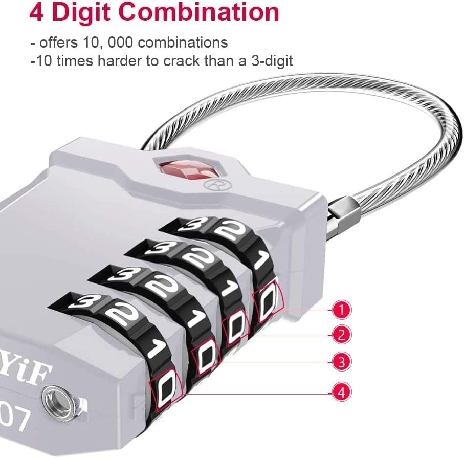 ZHEGE Luggage Locks TSA Approved Cable Locks, 4 Digit Combination Travel Lock with Open Alert Indicator for Suitcases, Backpack, Baggage (White Number)