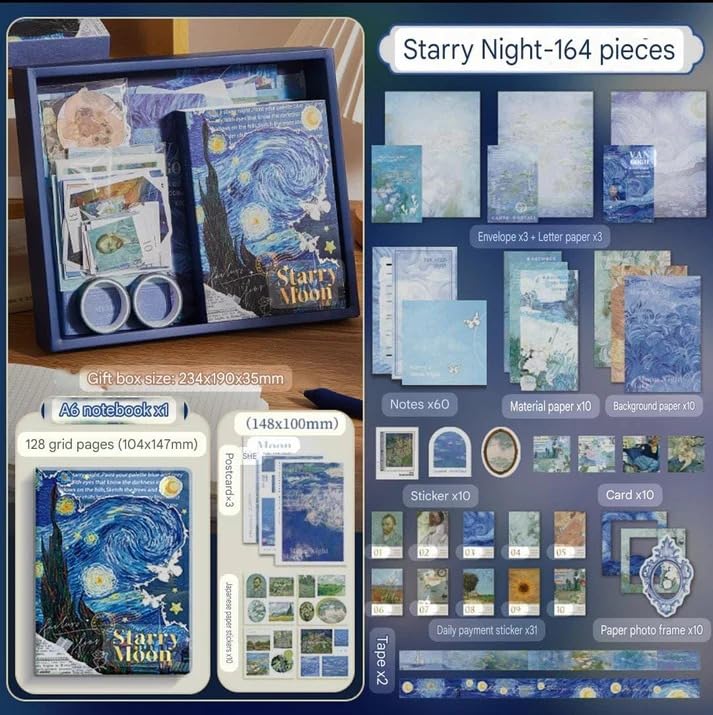 Image of Invite Vintage Oil Painting A6 Grid Notebook for Junk Journal Aesthetic Scrapbook Kit with Scrapbook Stickers Washi Tapes (The Strrry Night-Blue)