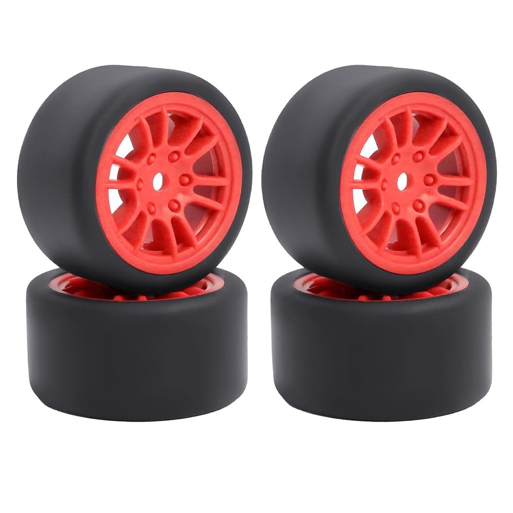 KINGCOO 4PCS Pre-Mounted On-Road Drift Racing Smooth Rubber Tires and Wheel Rims Set 7MM Hex for 1/28 Losi Micro-T WL244016 RC Car Upgrades Parts (12Spoke-Red)