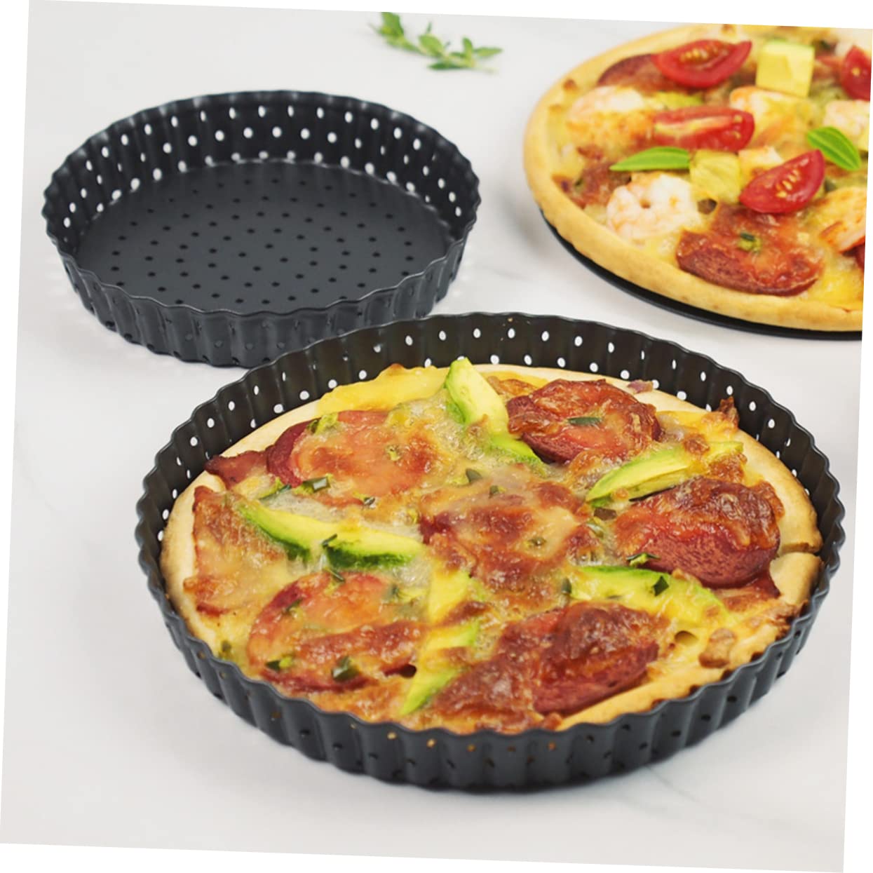 PRETYZOOM Teglia per Pizza Anello Microforato Crostata 24 Cm in Acciaio al Carbonio con Base Rimovibile e Rivestimento Antiaderente per Forno Rotonda