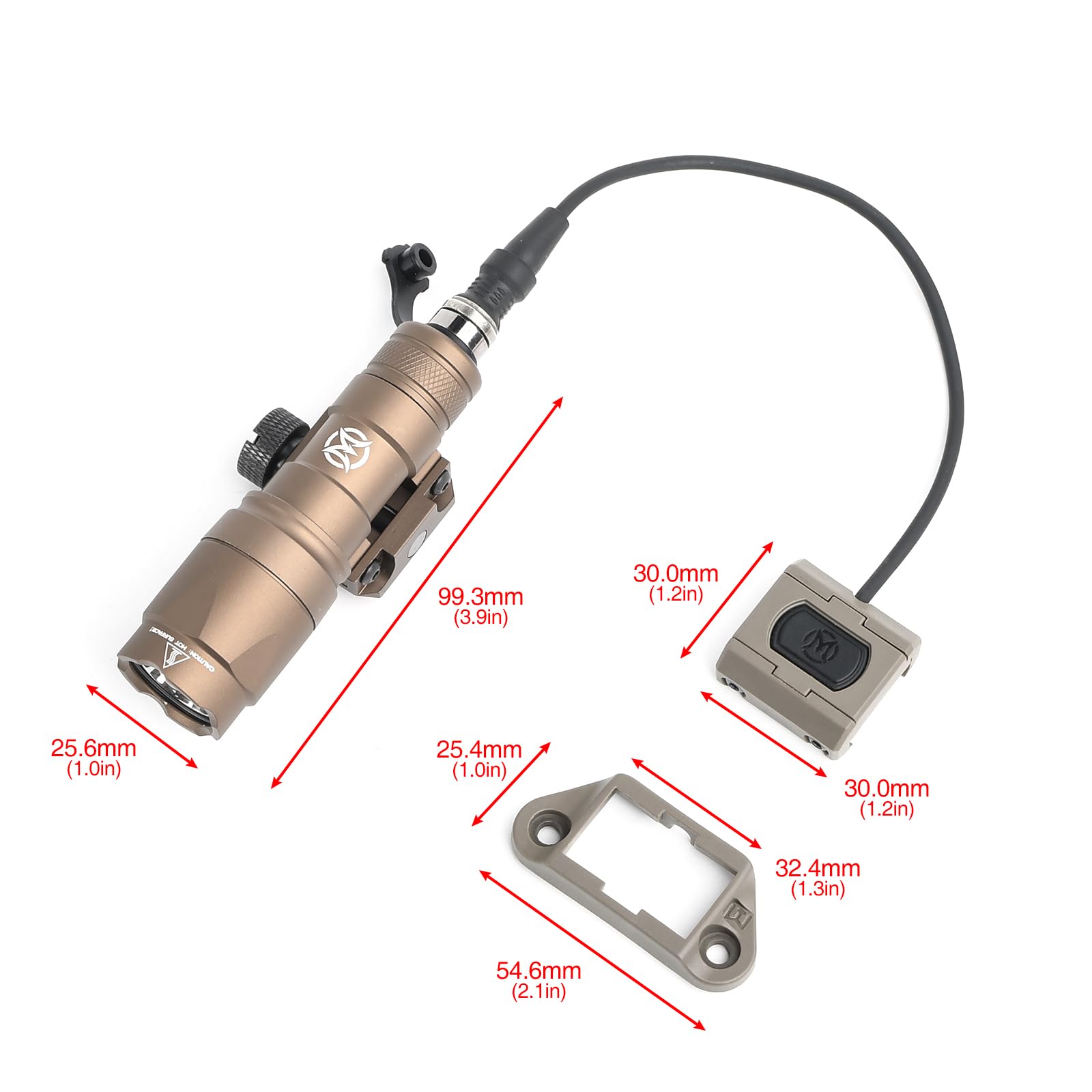 M300A Torcia Lanterna tattica con interruttore a pressione, lanterna da ricognizione a 600 lumen per il sistema ferroviario Mlok Keymod 20 mm Picatinini (Marrone)