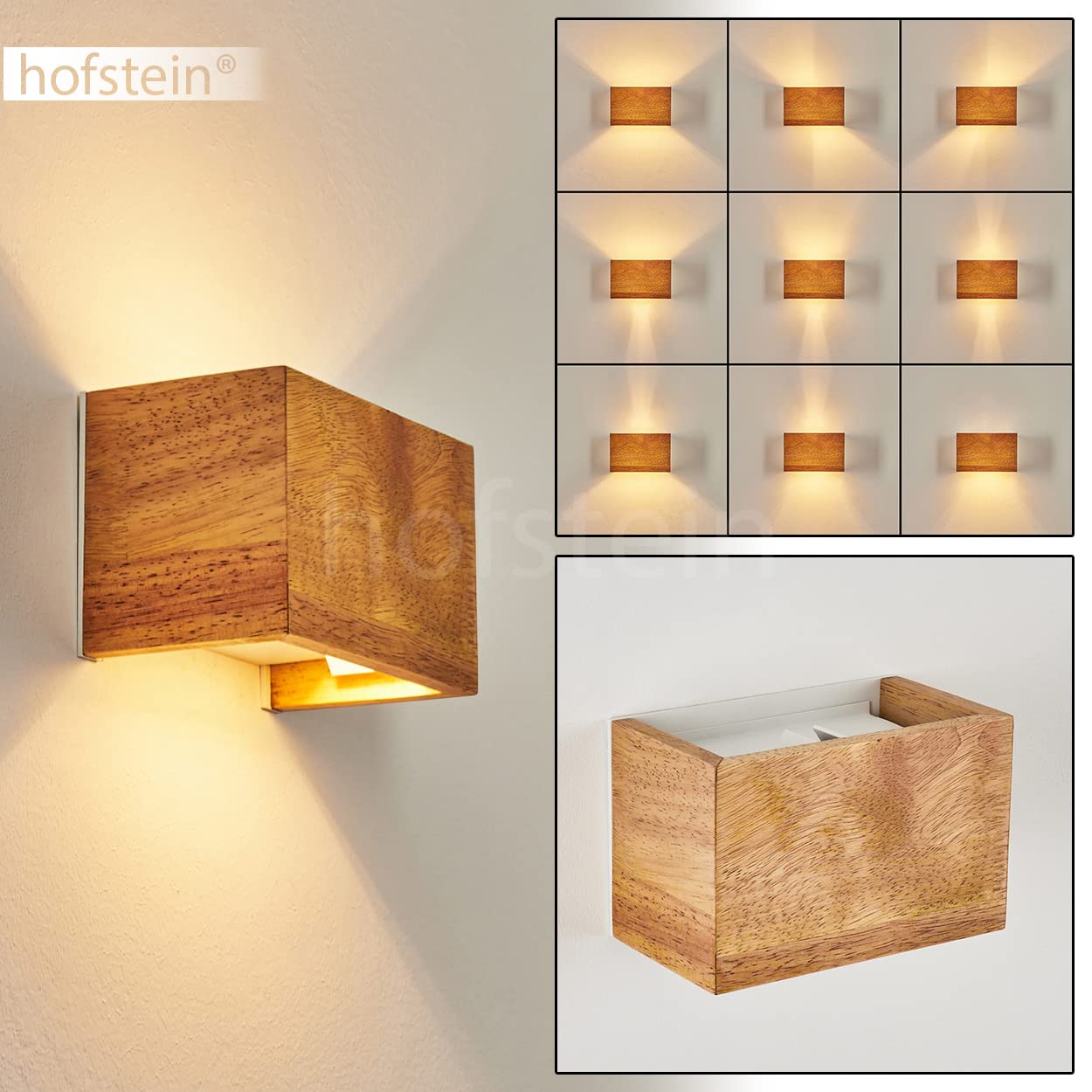 HOFSTEIN Wandleuchte Badajoz, Moderne Wandlampe aus Holz/Metall in Natur/Weiß, Indirekte Beleuchtung, eckige Leuchte mit verschiedenen Up & Down Lichteffekten im skandinavischen Design, 1-flammig G9