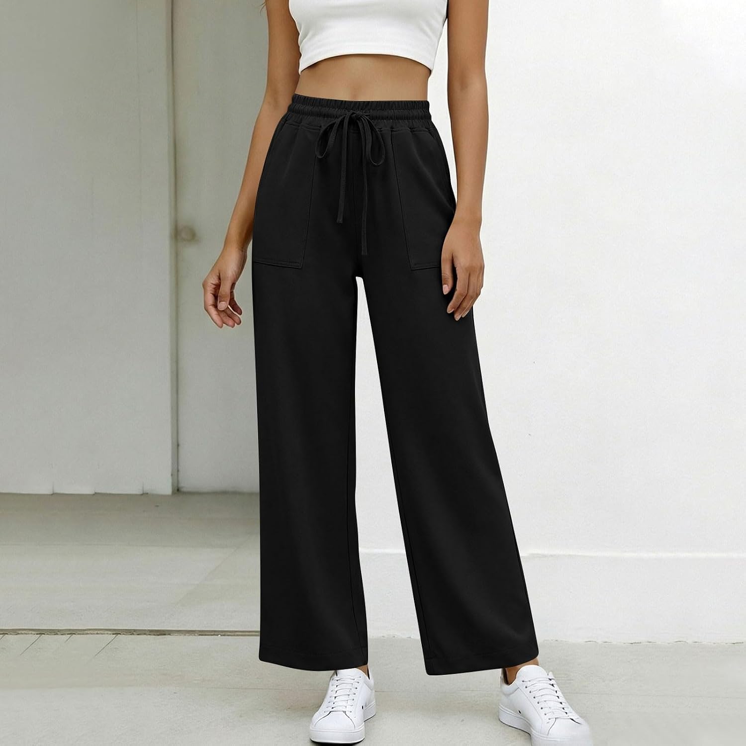 Womens Palazzo Pants Summer Wide Leg Drawstring High Waist Lounge Trouser with Pockets Casual Beach Vacation Outfits