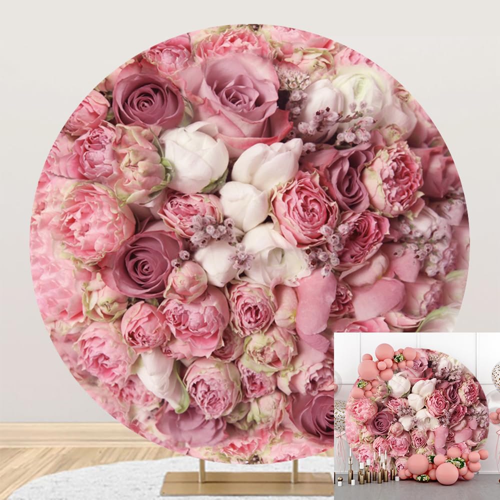 Dorcev 7.5x7.5ft Pink Floral Wedding Circle Cover Backdrop Stand for Photography
