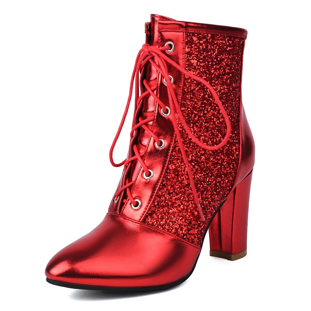 JOEUSTY Women's Chunky Block High Heel Ankle Boots Round Toe Glitter Sequins Lace Up Winter Dressy Short Bootie