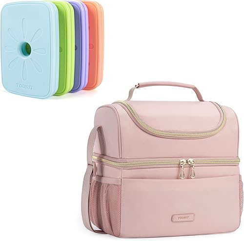 TOURIT Bolsa de almuerzo con doble compartimento para mujer, aislada, con bolsas de hielo reutilizables para loncheras, bolsas de larga duración