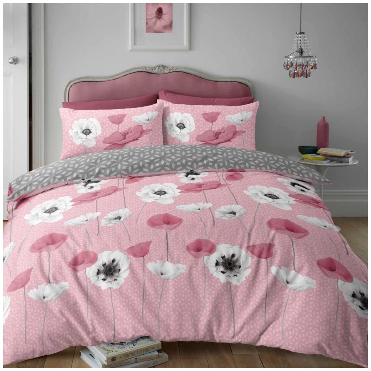 Gc Gaveno Cavailia Poppy Spray-Blush Pink Thermal Flannelette Duvet Set, Reversible Brushed Cotton Bedding, Soft Quilt Cover, Blush Pink, Double