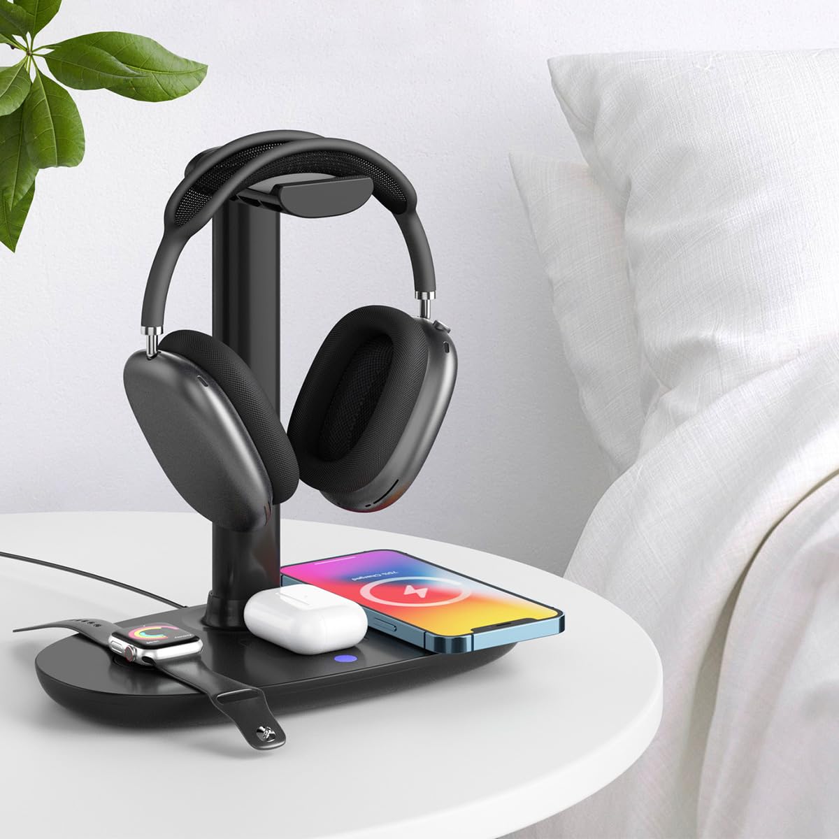 Stazione di Ricarica Wireless 4 in 1 con Supporto per Cuffie per Smartphone, Orologi Intelligenti, Cuffie Wireless