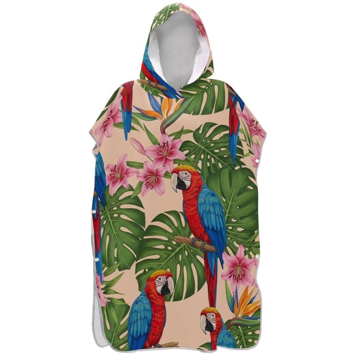 Peignoir de bain à capuche pour adultes poncho de surf bleu et rouge à motif perroquets tropicaux