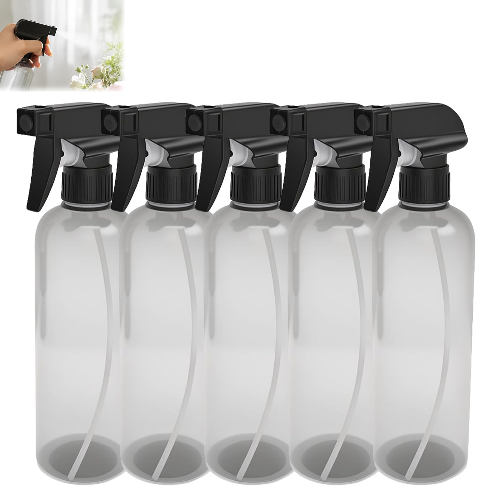 5 Pcs Spray Bottles for Cleaning, 500ml Hair Water Spray Bottles, Adjustable Refillable Plastic Empty Plant Mister Sprayer Bottle Atomizer for Home Gardening Plants (5 Pcs - Black Pump, Clear Bottle) — image 1