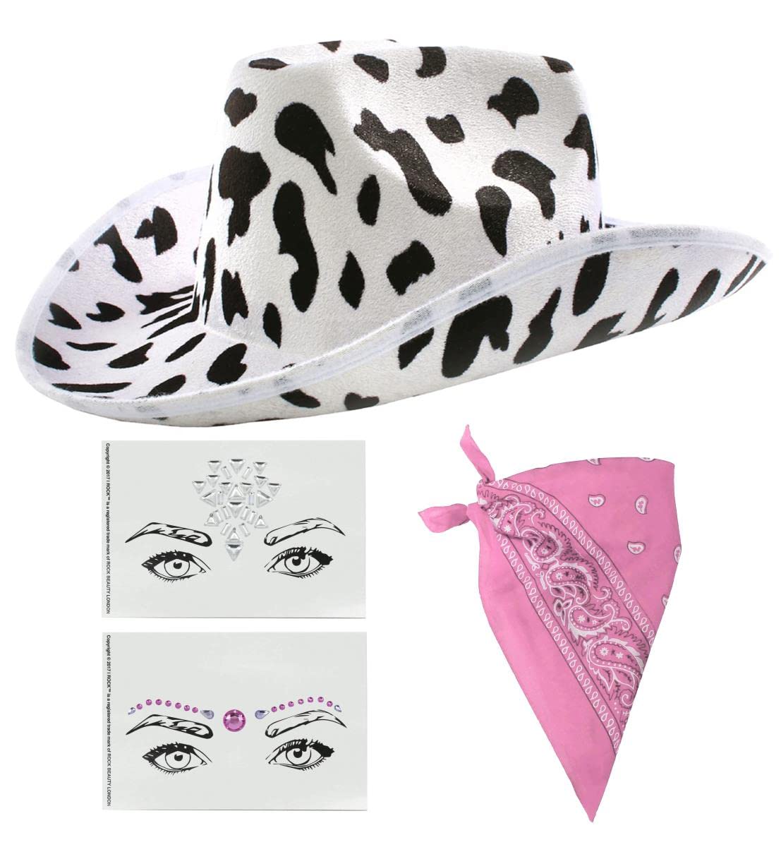 I LOVE FANCY DRESS Y2K Cowgirl Hat Halloween Costume Set - Black Cow Print Cowboy Hat, Pink Bandana and Face Jewel Stickers