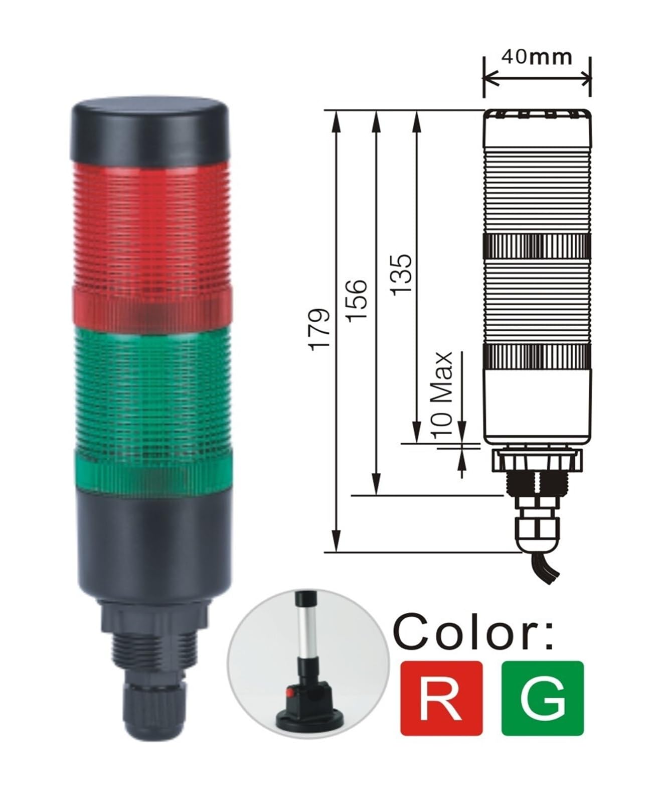 Torretta di segnalazione a LED da 40 mm Luce continua o luce continua con cicalino (YWJD-40A/D/2/RG/da 24 V a 220 V)