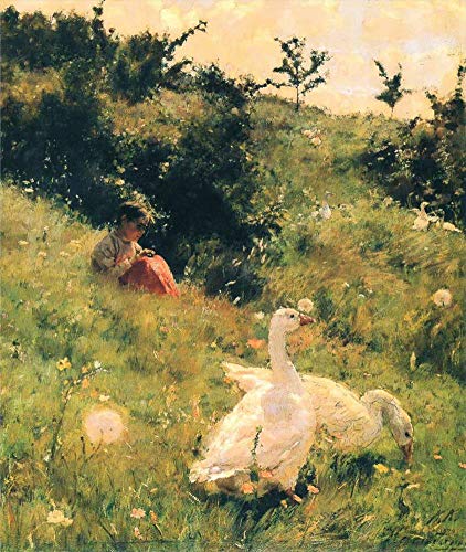 Peinture à l'huile Kiriak Kostandi Fille avec des oies, toile faite main haut de gamme