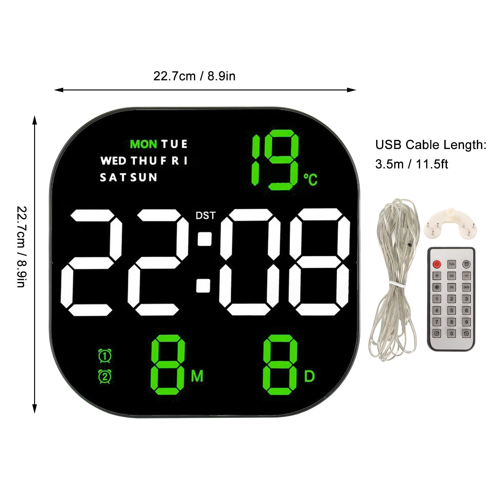 AUNMAS Reloj de Pared Digital LED, Reloj Electrónico de Pantalla Grande de Plástico con Control Remoto, Visualización de Temperatura, Fecha y Hora, Pantalla HD de 22,7 Cm, para Estudio, Sala de (Luz