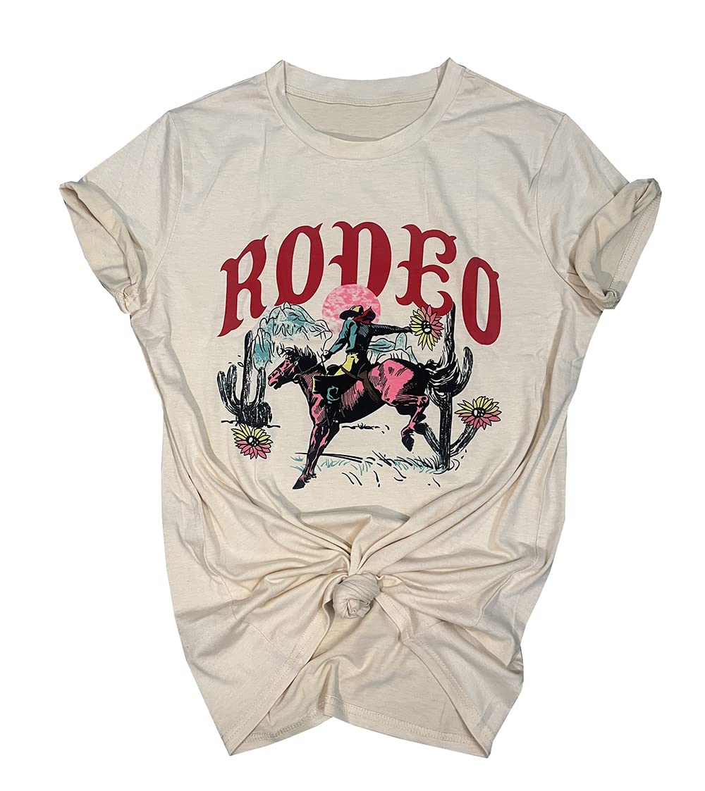 FECAFOWestern Cowboy T-Shirt for Women Cowgirl Rodeo Casual Shirts Vintage Desert Cactus Graphic Tee Tops